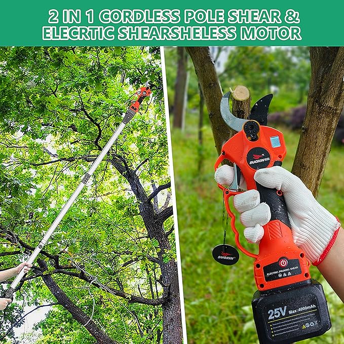 Cordless Electric Pole Pruning Shears,Suoxin 2-in-1 Handheld & Telescopic Tree Trimmer with 6.2FT Foldable Extension Pole, SK5 Blade,1.6" cutting diameter,LCD Display,2×4Ah Batteries for Garden Use
